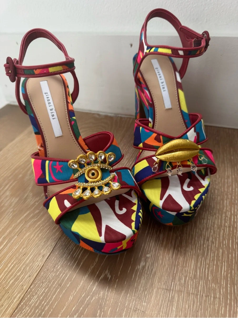 Gianni Bini Beaux Printed Whimsical Mismatch Ornament Platform Dress Sandals